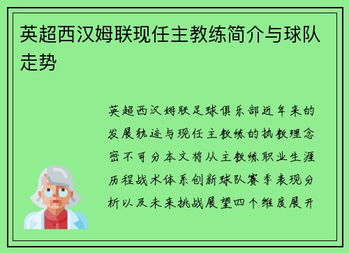 英超西汉姆联现任主教练简介与球队走势