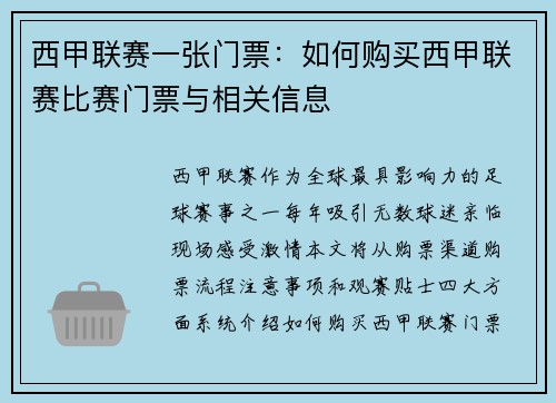 西甲联赛一张门票：如何购买西甲联赛比赛门票与相关信息