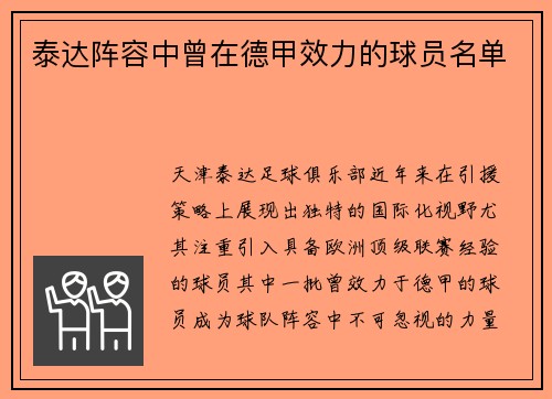泰达阵容中曾在德甲效力的球员名单
