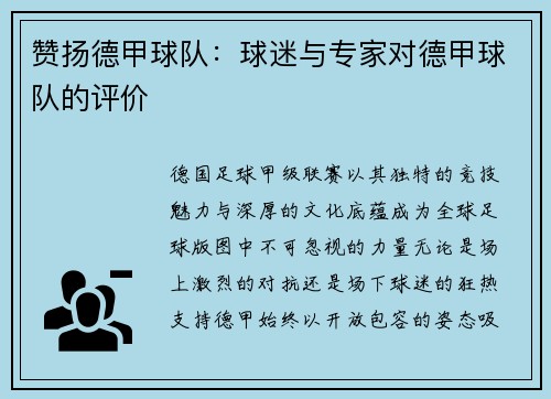 赞扬德甲球队：球迷与专家对德甲球队的评价